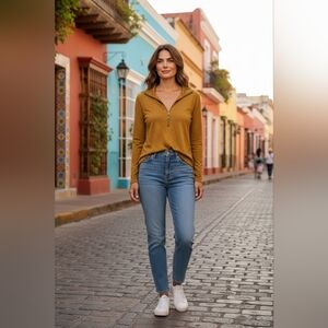 D&Co Mustard Zip-Up Women's Blouse Sz Xs